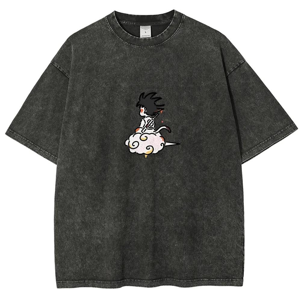 Kid Goku Flying Nimbus T Shirt Dragon Ball Z Anime Men Vintage Acid Wash Oversized Cotton Streetwear Kawaii Graphic Tees XL