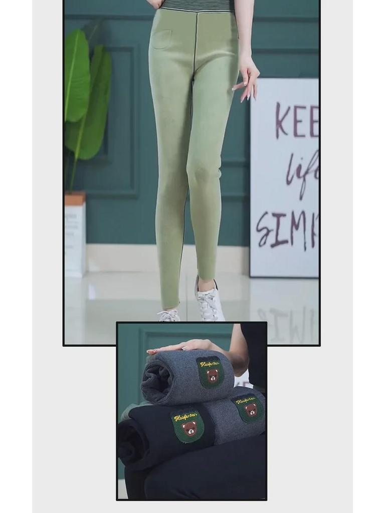 Women's Plus Velvet Lambskin Bear Leggings: Slim Fit, Hip-Lifting, Warm Cotton Pants for Autumn & Winter Outerwear in Large Sizes.