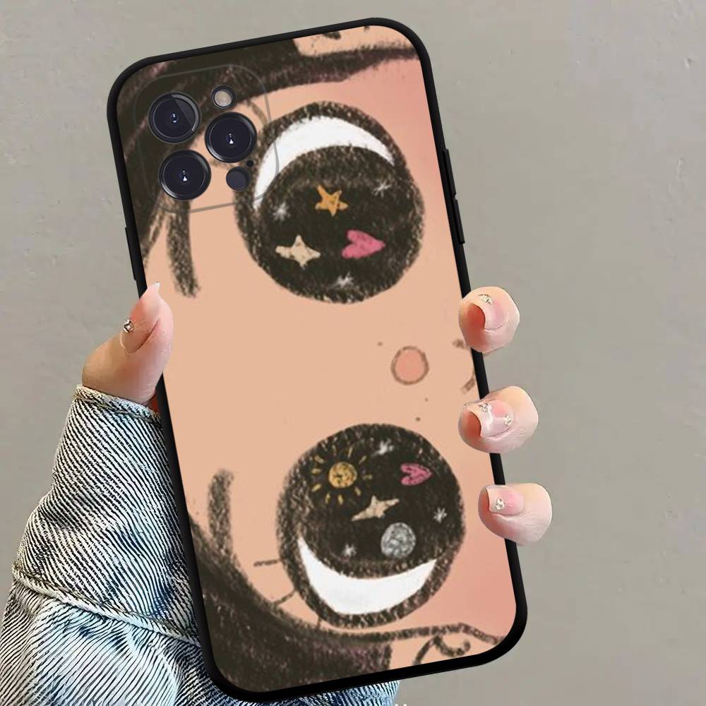 Kawaii Cute Black Big Eyes Cool Phone Case For iPhone 17 16 15 14 13 12 11 Pro Max Plus Mini Soft Silicone Black Shockproof TPU