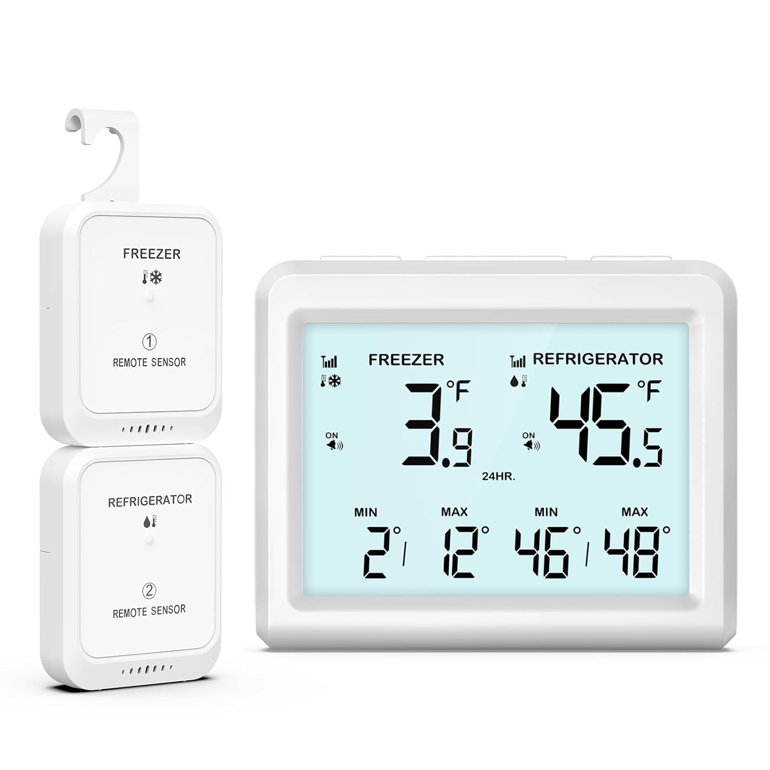 Digital Refrigerator Thermometer - 3.7 inch LCD Backlight Freezer Thermometer with 2 Sensors, Digital Fridge and Freezer Thermometer with Alarm,