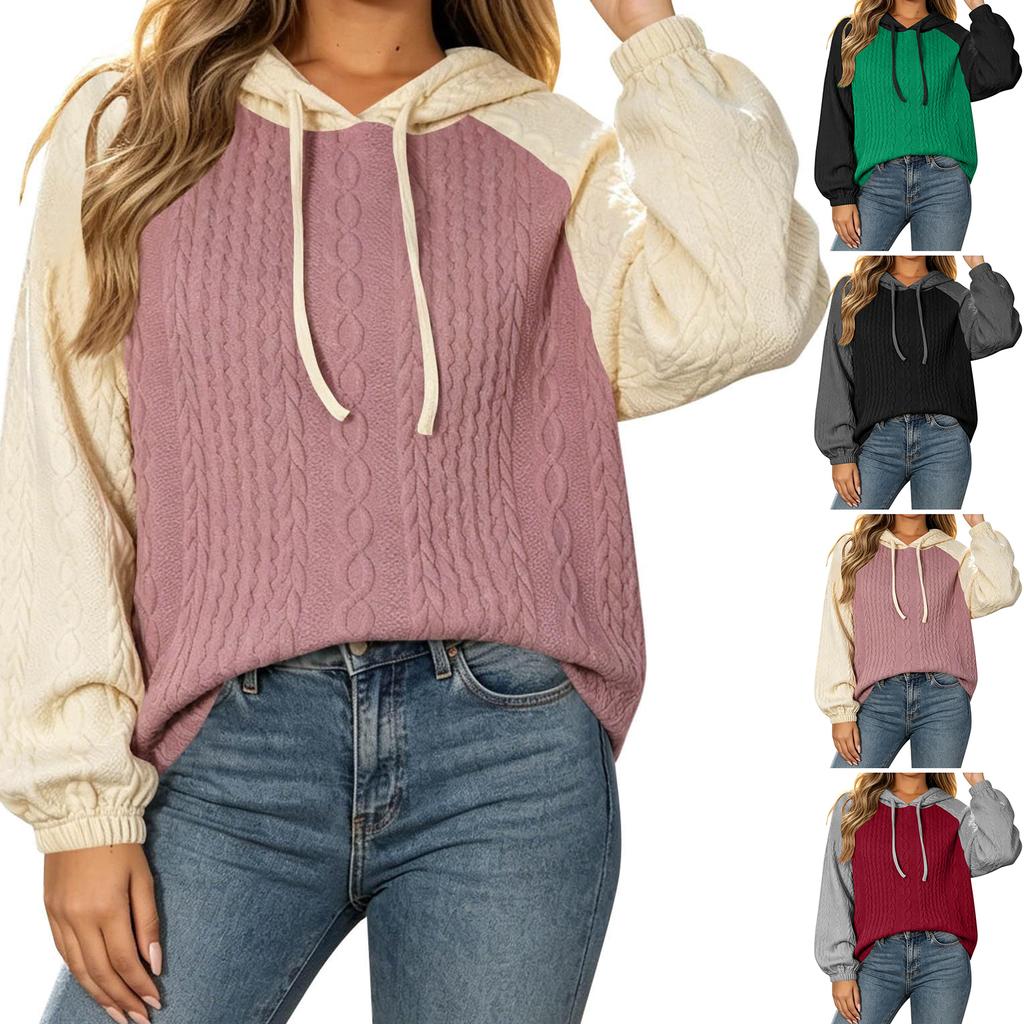 Women's Oversized Colorblock Quilted Hoodie with Drawstring - Casual Loose Fit Long Sleeve Pullover Sweatshirt