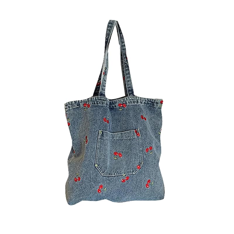

[ShuMing] denim tote bag canvas bag ladies large capacity embroidery cherry blossoms shoulder bag lightweight shoulder bag commute Commuting to school