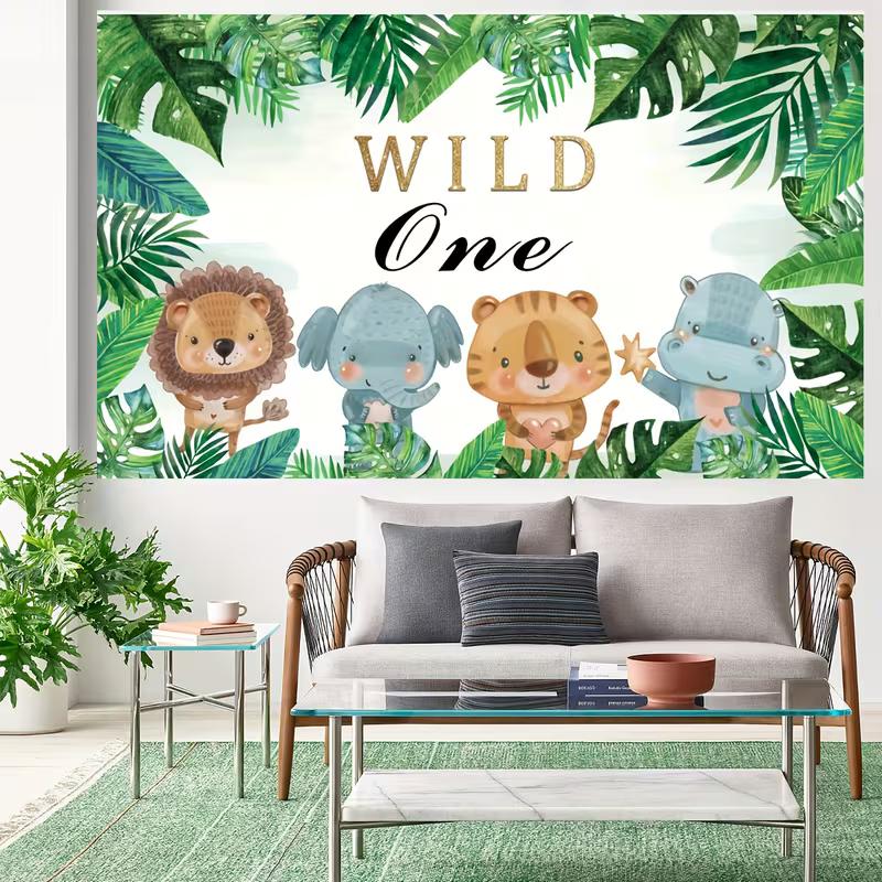 2D Watercolor Jungle Animals Backdrop for Baby Birthday Celebrations