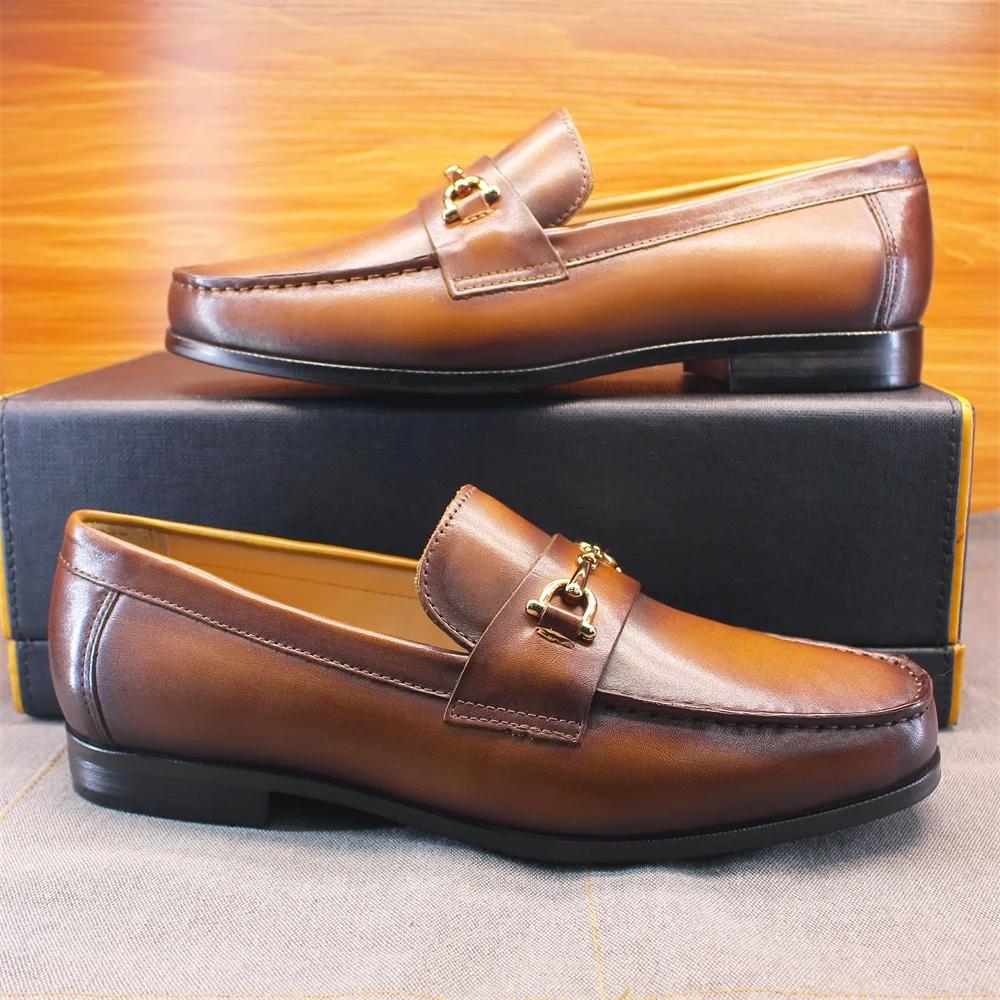 Men's Loafers Dress Shoes round Toe Formal Business Slip-On Handmade Cowhide Leather Upper Rubber Sole Comfortable Footwear
