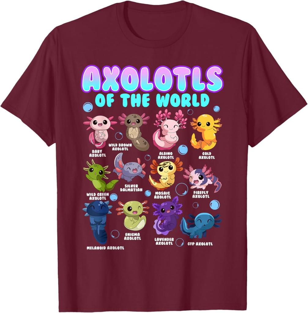 Axolotls Of The World Kawaii Salamander Graphic Tee Men Cotton Casual Short Sleeve T-Shirt Trip