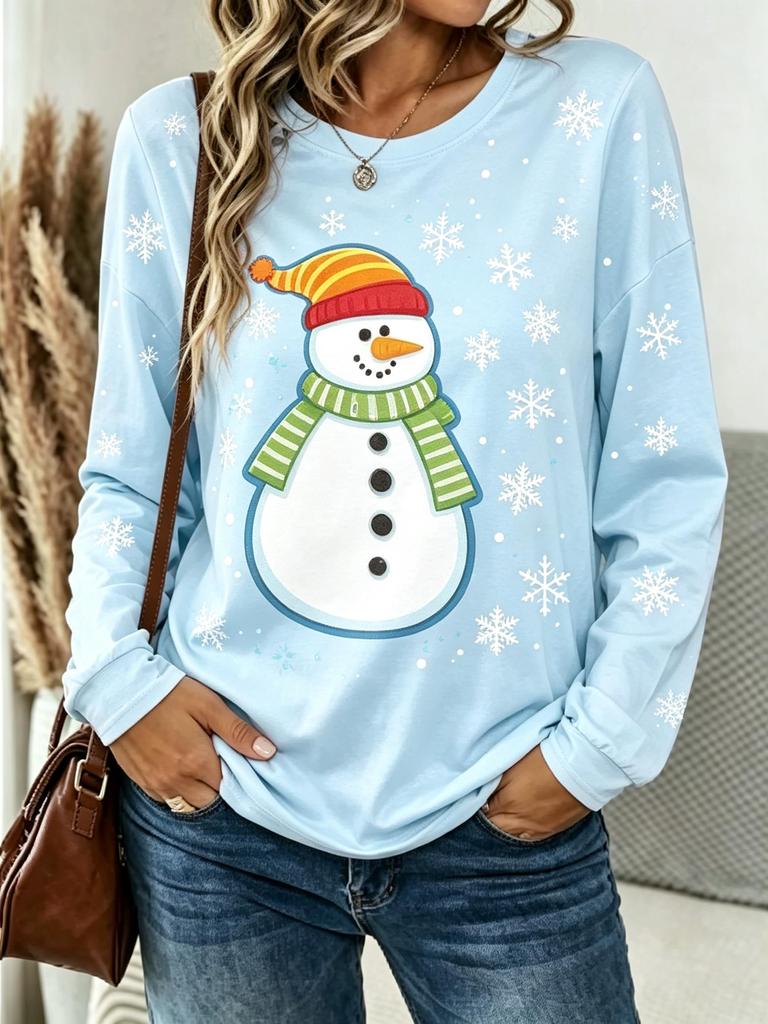 Maglietta da Donna a Maniche Lunghe Top Stampa Pupazzo di Neve Fiocco di Neve Natale Moda Autunnale Casual Felpa Girocollo Abbigliamento Donna