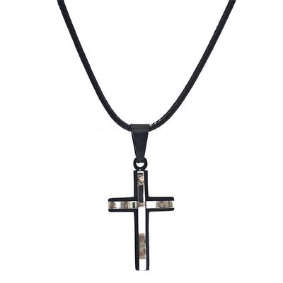 Stainless Steel Double-layer Cross Leather Rope Necklace for Women Men Silver&Black Trendy Jewelry Gift