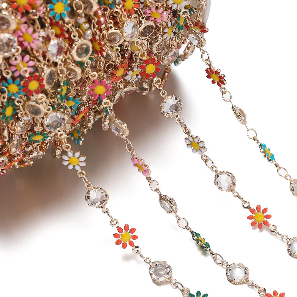 1meter Copper Chains Daisy with Glass Rhinestone Chain Findings for Bracelet Necklace DIY Jewelry Making Accessories