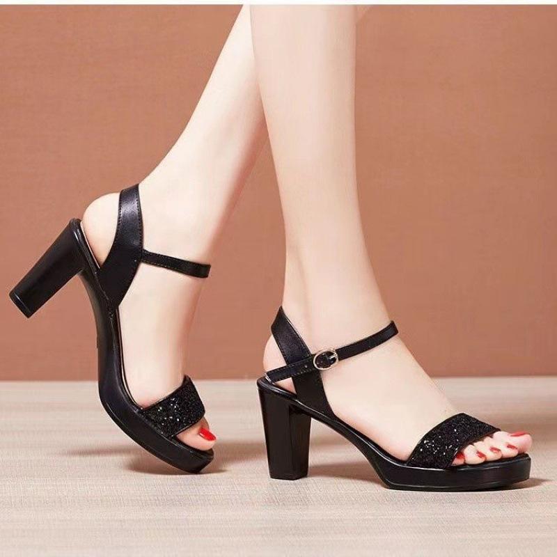 High-heeled sandals women's 2025 new summer temperament one-word buckle Roman sandals women's thick-heeled model catwalk women's shoes