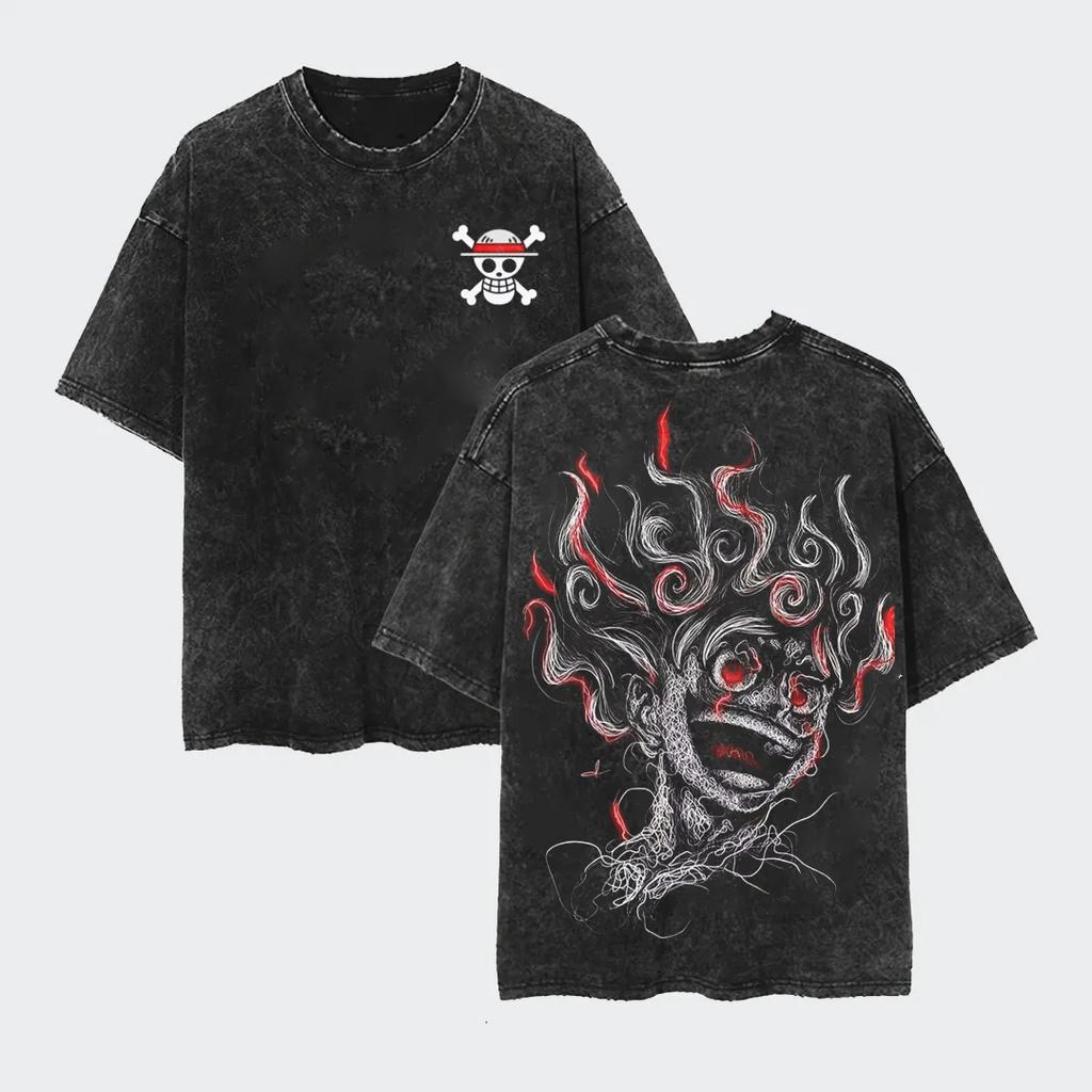 2026 New Anime ONE PIECE Anime Nika Luffy Washed T Shirt Summer Vintage Men's Women Cotton Casual Tee Top Streetwear