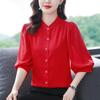 New Women's White Shirt Spring Autumn 3/4 Sleeve Striped Top Summer Loose Reducing Age Puff Sleeve Bottoming Blouse S-4XL