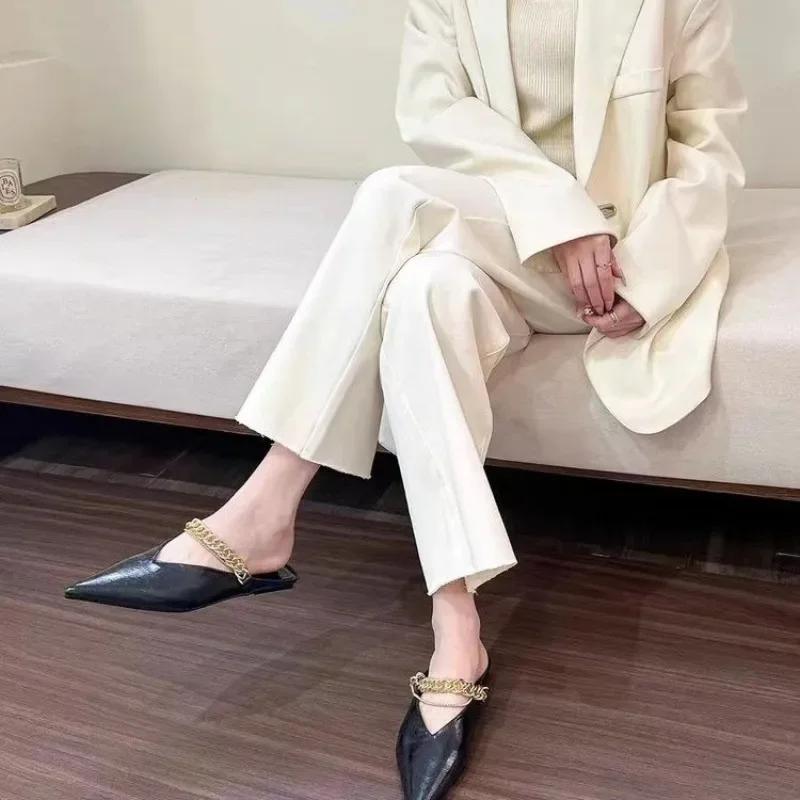 Fashion 2025 Designer Pointed Toe Mirror Silver Leather Slippers Women Crystal Band Summer Shoes Outdoor Slides Low Heel Mules Sandals