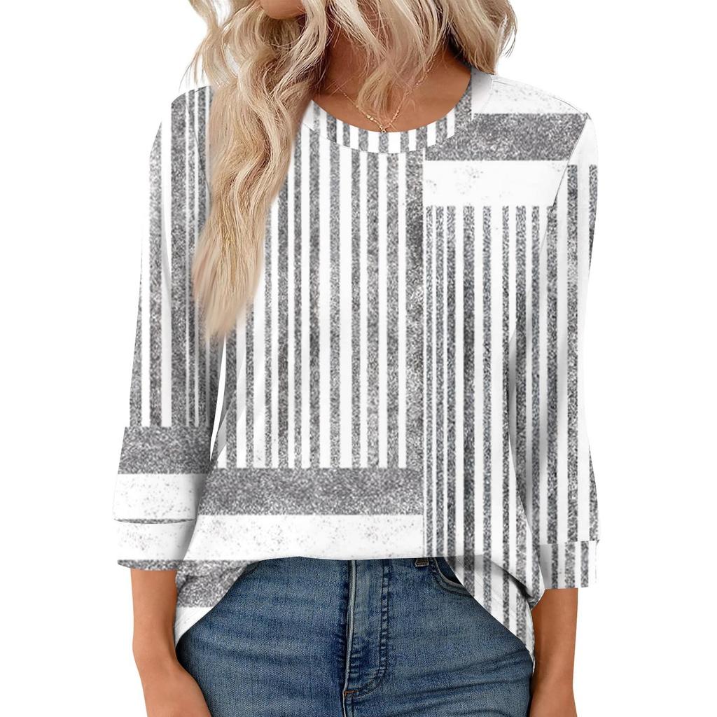 Women's Fashion Casual Round Neck 3/4 Sleeve Loose  Printed T-Shirt Ladies Top