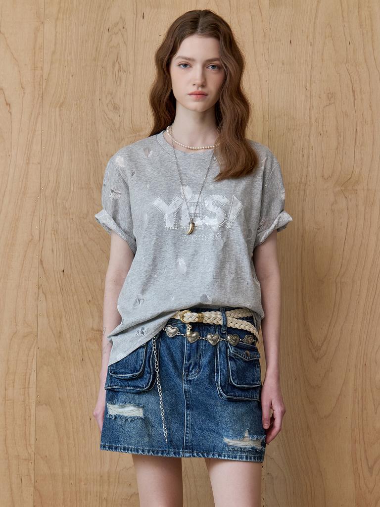 MAXZA Lace Lettering Distressed Short Sleeve T-Shirt