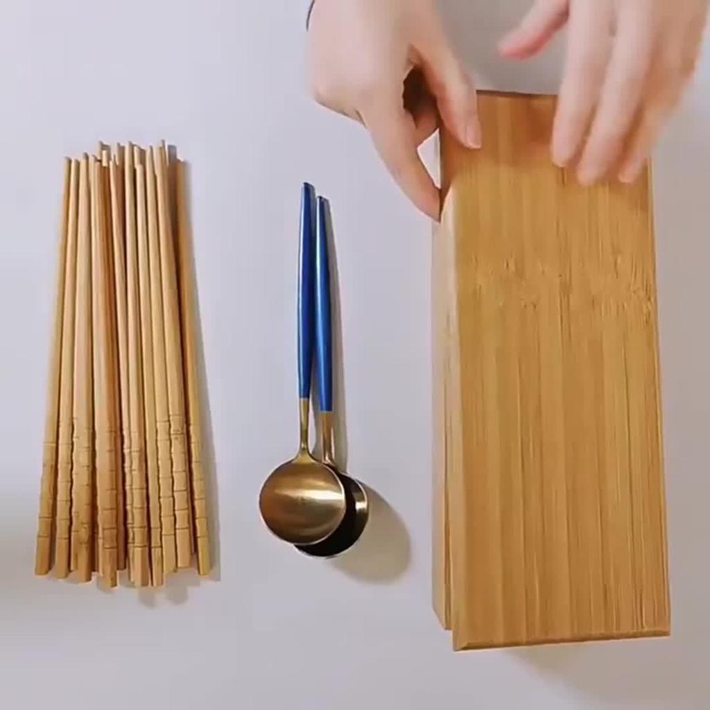 1pc Storage Box, Japanese Style Bamboo Spoon And Fork Cutlery Storage Box, 2-grid Divided Chopstick Box With Lid, For Restaurant And Hotel