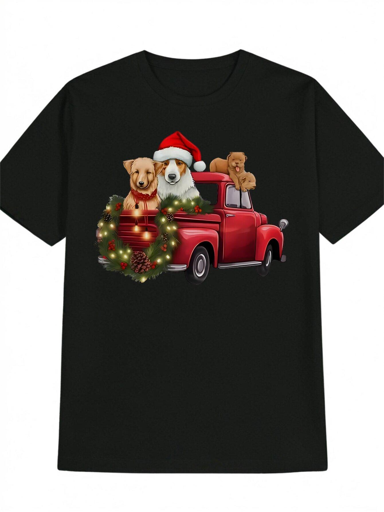Christmas Dog Truck Graphic T-shirt M