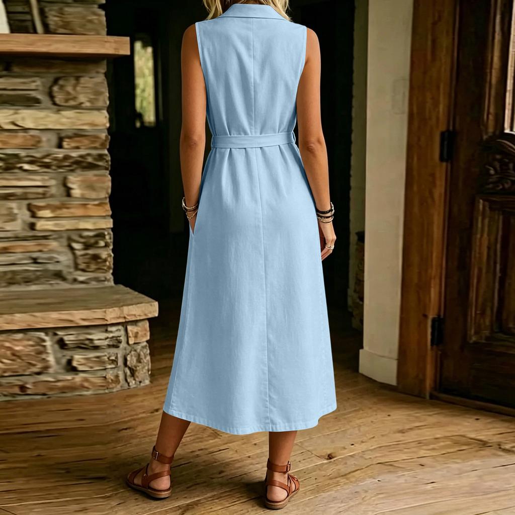 Sleeveless Lapel Collar Midi Dress with Button Front and Waist Tie for Women Casual Loose Fit Summer Dress