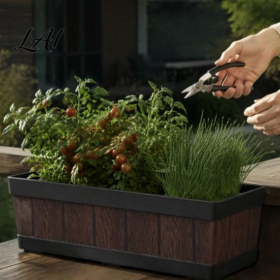 Large Capacity Gardening Pots for Flowers 18 Inch Rectangular Planter Box Imitation Wood Grain Window Box Planter Plastic Vegetables Portable Flower