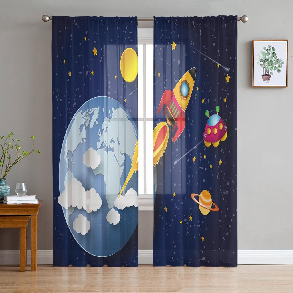 Universe Space Rocket Cartoon White Tulle Sheer Curtains for Living Room Decor Window Curtain for Bedroom Voile Organza Drapes
