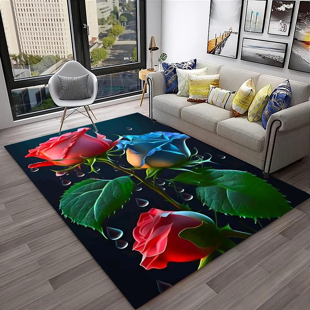 Romantic Rose Flower Carpet Home Living Room Area Rug Bedroom Doormat Non-slip Foldable Washable Floor Mat For Entryway Hallway
