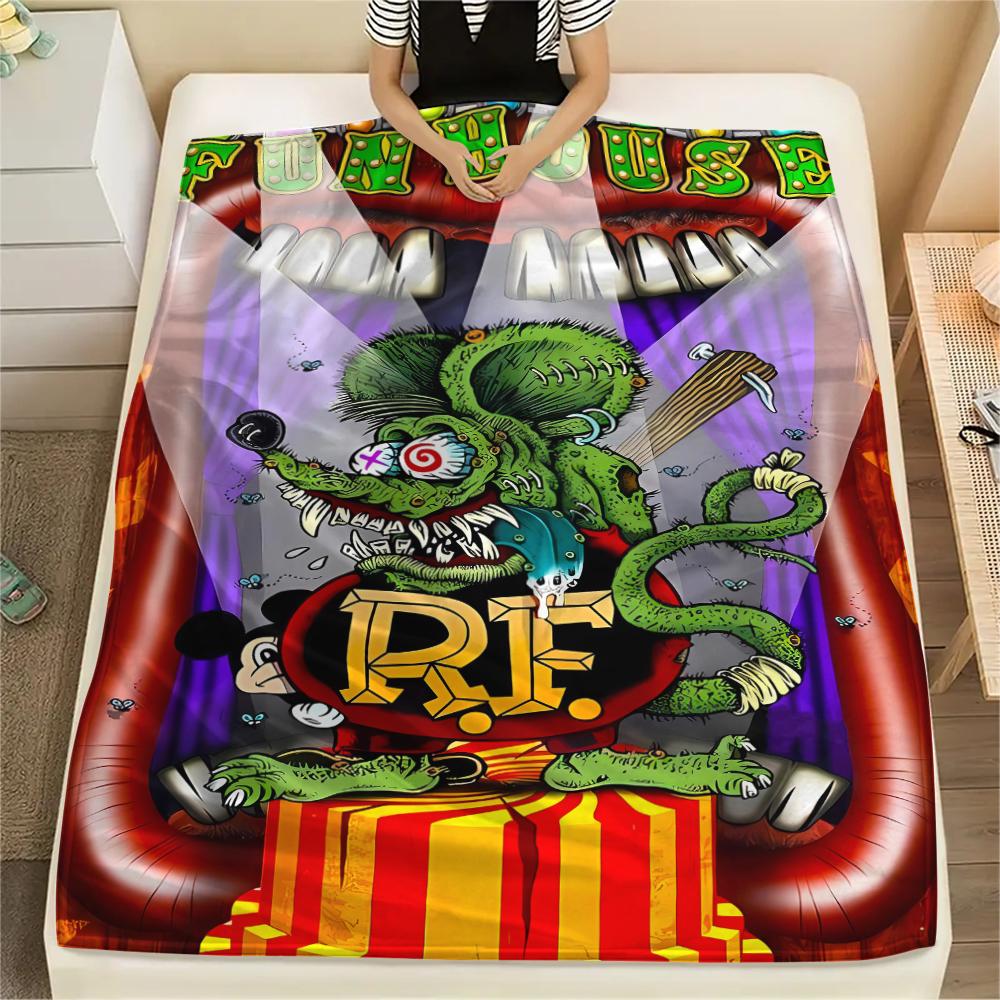1PC Rat Fink Print Flannel Blanket, High Quality All Seasons, Home Decor, Warmth and Comfort, Perfect for Christmas Gifts