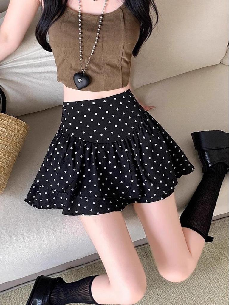 Women's Gray Polka Dot Ruffled Mini Skirt - High Waist, Fluffy, Slimming, Irregular Hem