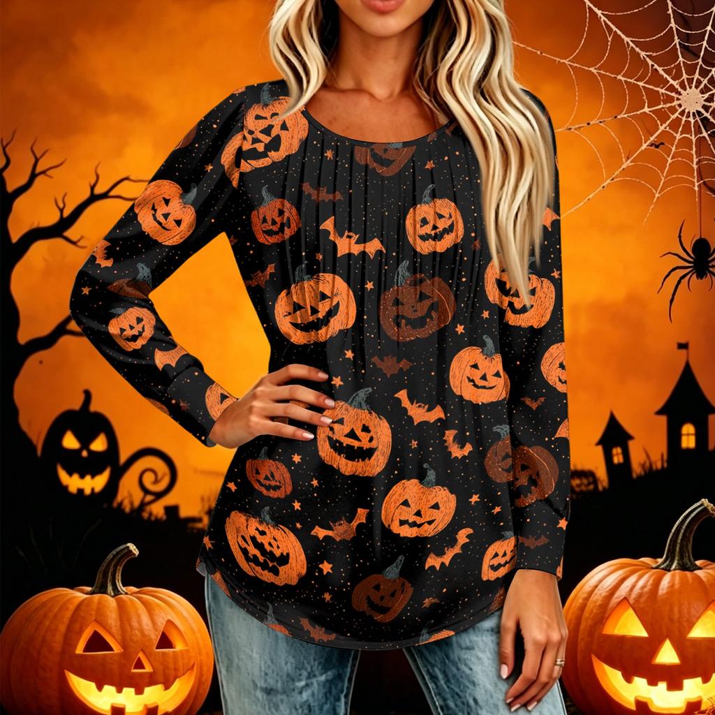 Women's Casual Long Sleeve T-Shirt Pleated Round Neck Halloween Pumpkin Print Top Lightweight Comfortable Fit