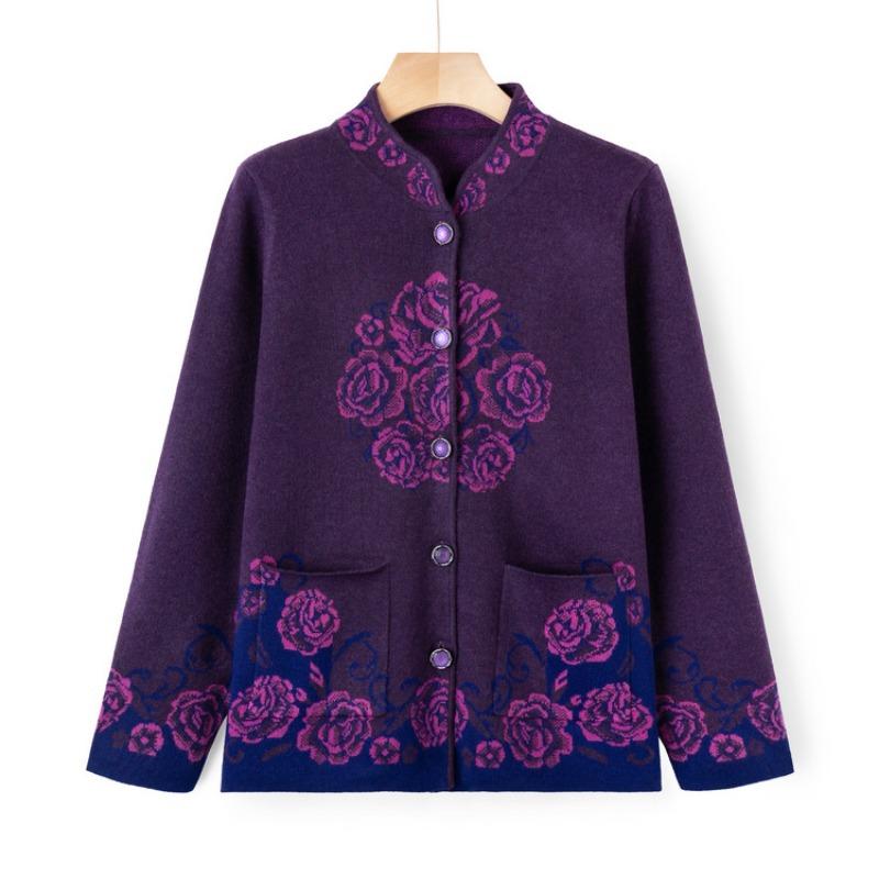 Grandma autumn new sweater jacket medium and old knitted sweater cardigan top women the elderly mother large size clothes