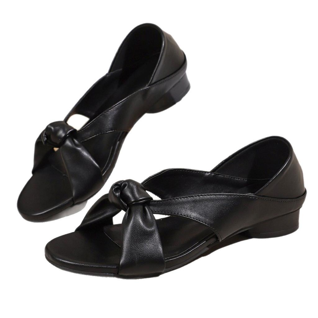 Fashion Vintage Open Toe Round Toe Crossover with Wedge Heel Roman Sandals Simple Temperament Versatile Slip Sandals Women