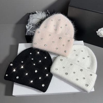 Rhinestone Beads Pullover Yarn Hat Casual Wool Skullies Cap Luxury Knitted Hat  Women