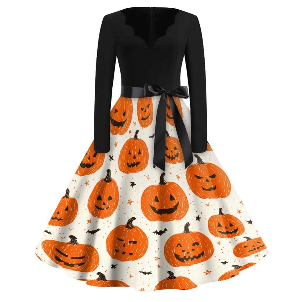 Womens Casual Vintage V Neck Dress Halloween Print Long Sleeve Fit Flare Dress with Bow Waistband Retro Style