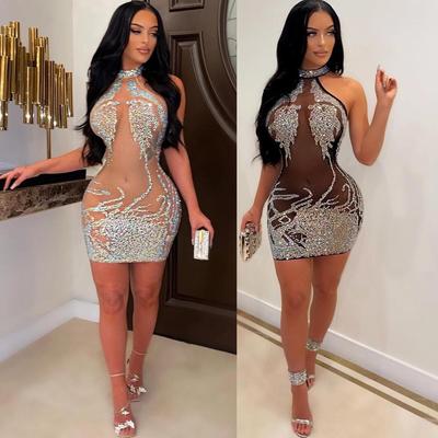 OS6681 Summer Sexy Mesh Diamond Dress - European/American Nightclub Style Women's Fashion