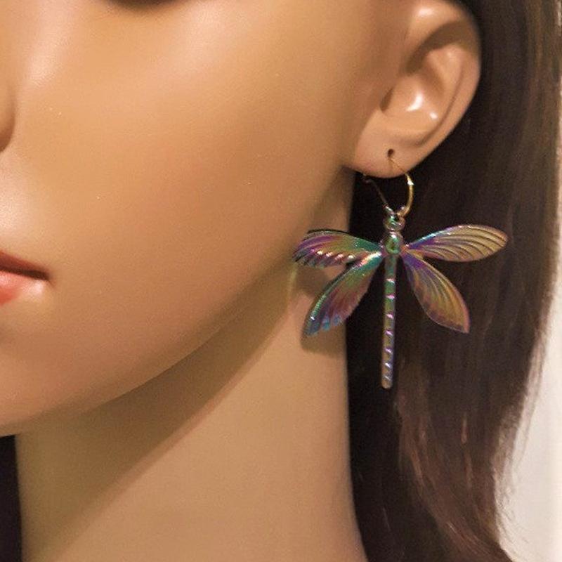 Vintage Geometry Colorful Metal Dragonfly Earrings Simple Hook Animal Dangle Earrings for Women Girl Zircon Accessories aretes