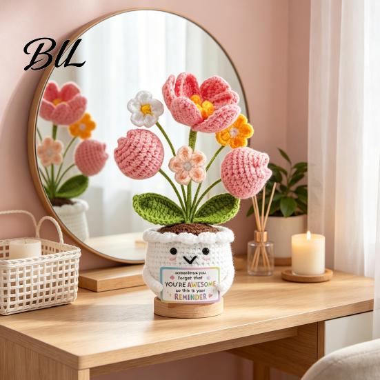 Never Fading Flower Positive Crochet Tulip Wildflower Thank You Gifts for Women Mom Friends Handmade Floral Keepsake Potted Doll with Card Emotional