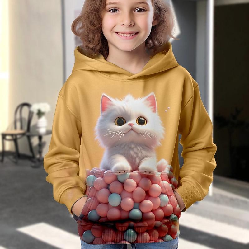 Girls' 3D Cartoon Cat Hoodie Pullover Long Sleeve 3D Print Fall Winter Active Fashion Cute Kids 3-12 Years Outdoor Casual Daily Regular Fit