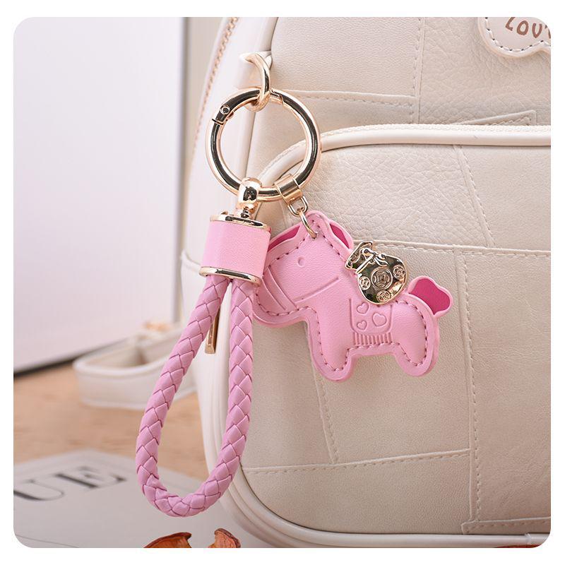 Exquisite Leather Cord Bag Charm & Car Keychain with Cute Horse Pendant Couple Bracelet