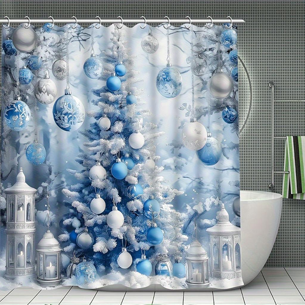 4Pcs Bathroom Shower Curtain Set Christmas Tree Snowflake Print Bathroom Curtain With 12 Hooks Non Slip Rugs Toilet Cover Mat Bathroom Partition