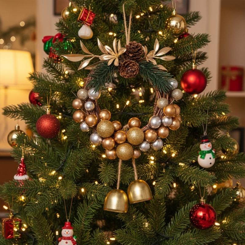 Hanging Wreath With Bells Pinecones Decorative Durable Holiday Decoration Christmas Scene
