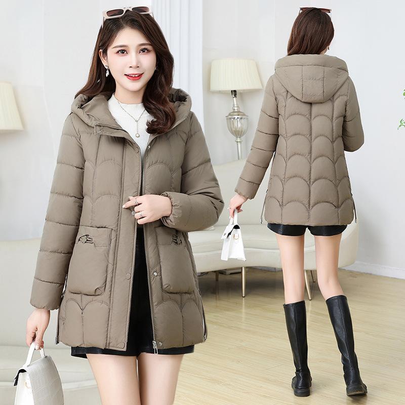 Fashion down cotton jacket women's mid-length winter 2025 hooded plus size slim padded jacket warm jacket