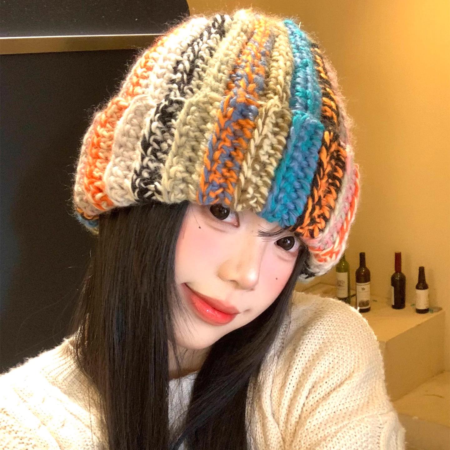 Color Striped Knitted Wool Hat Women Autumn Winter Warm Pullover Beanie Cap Plain Face Versatile Face Small Cold Stacking Hat 56-58cm