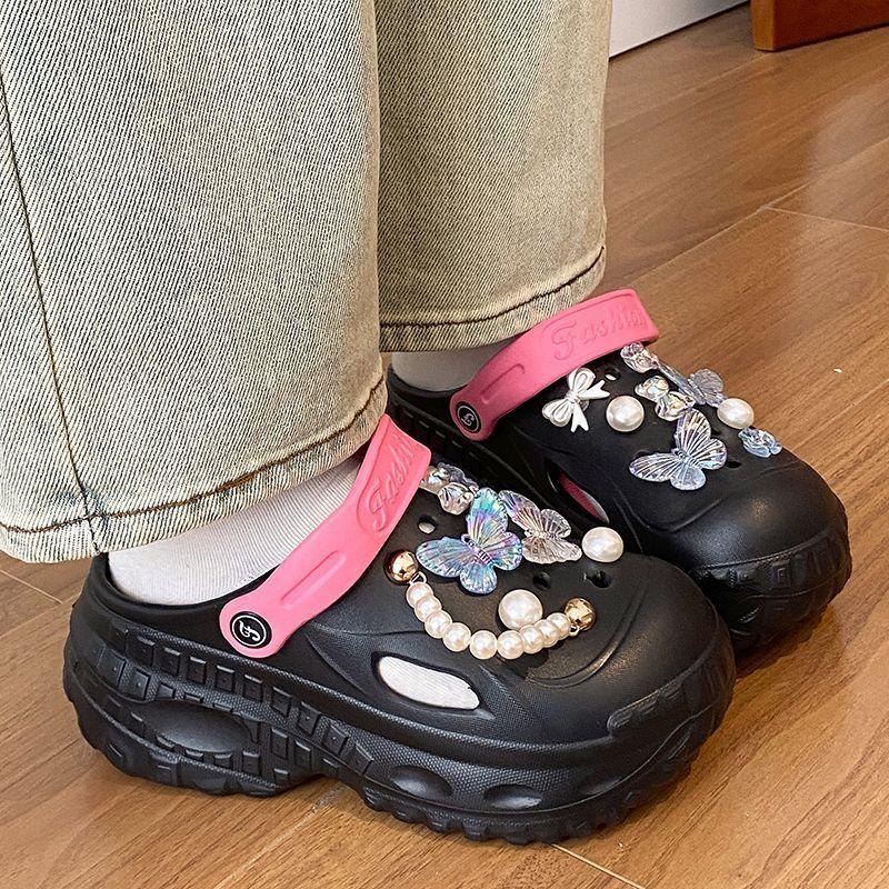 New Beach Removable Thick Bottom Hole Shoes Women's Non-slip Butterfly Outside Wear Heightening EVA Baotou Slippers