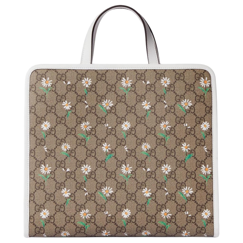 Gucci GG Monogram Canvas Daisy Print Large Tote Bag With White Leather Trim For Women Luxury Daily Use