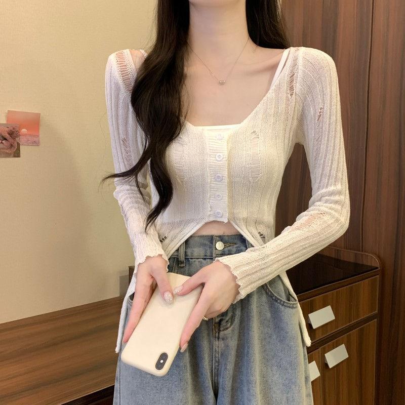 Gray Ripped Split Long Sleeve Knit Cardigan Women's Summer Thin Slightly See-Through Slim-Fitting Stylish Niche Top