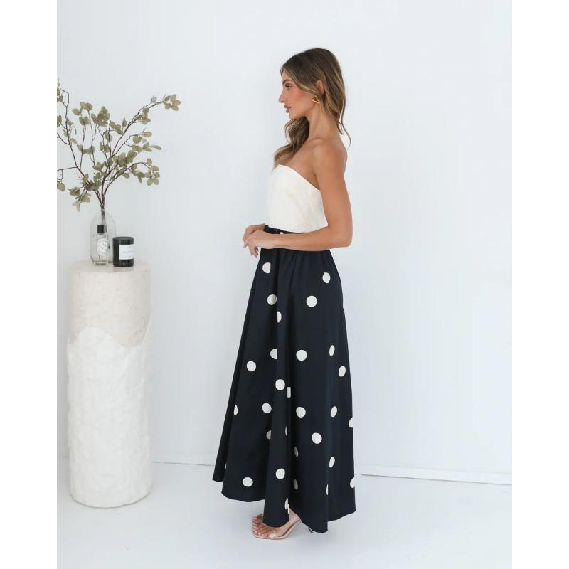 Damen Farbblock-Tube-Top-Midikleid, Trägerloses Gepunktetes Patchwork Ausgestelltes A-Linien-Langes Kleid, Elegantes Lässiges Urlaubs-Schwing-Sonnenkleid mit Seitentaschen