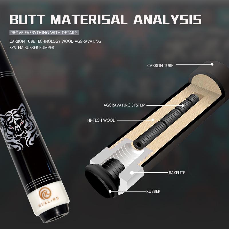 OKHEALING Karbonfaser Billard Queue Schwarze Technologie Billard Queue Sticks 11,8mm Spitze Radial Pin Verbindung 147cm/58Zoll Länge 19~20oz Gewicht, Weißer Tiger