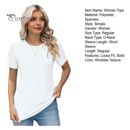 Women Summer Tops O-Neck Short Sleeve Wrinkles Texture Tee Shirt Solid Color Loose Fit Elastic Tops Daily Wear