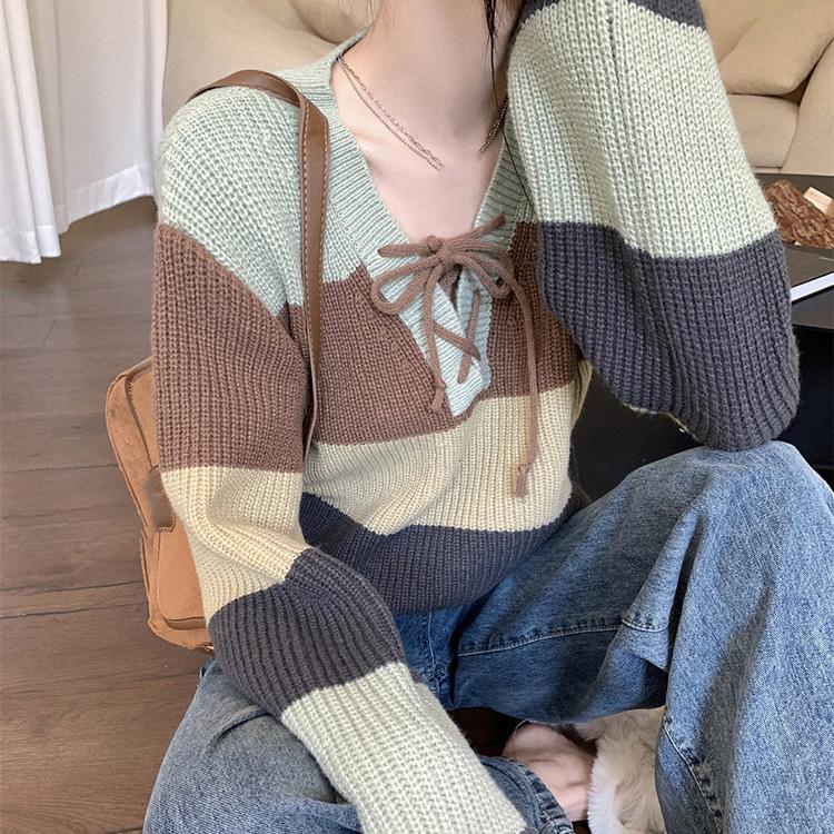 WTEMPO Women's V-neck Lacing-up Long Sleeve Striped Knitted Pullovers Spring Autumn Casual Loose Short Warm Sweaters