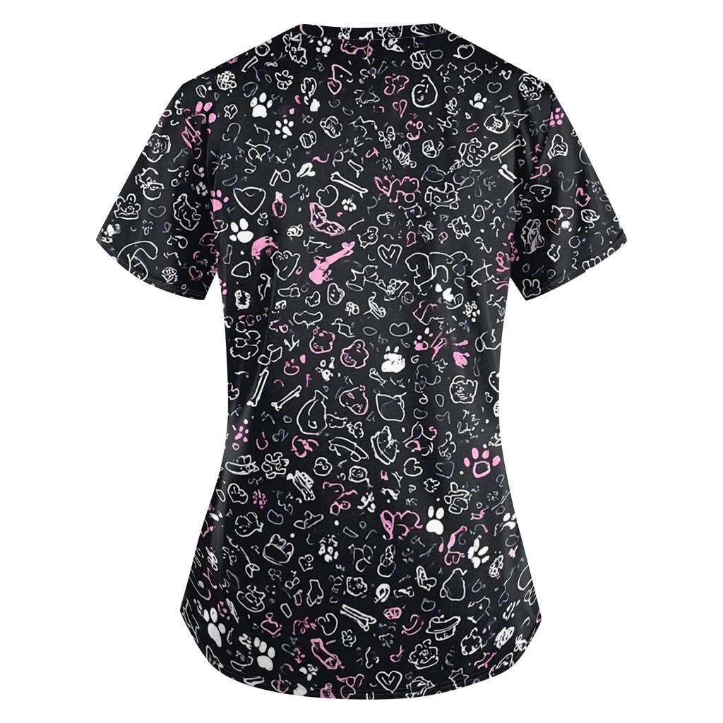 Women's V Neck Floral Print Short Sleeve Medical Scrub Top with Pocket Vintage Style Comfortable Fit Nursing Workwear