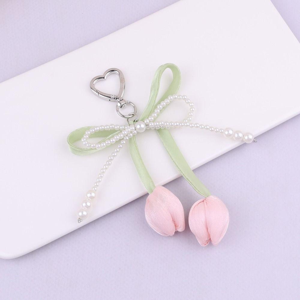 Handmade Pearl Tulip Keychain Car Keyring Heart Bag Charm Trendy Tulip Pendant  Women