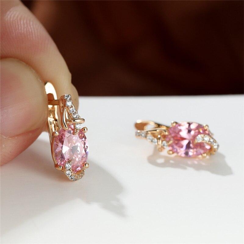 White Blue Pink Red Oval Stone Earrings Rose Gold Color Wedding Earrings Multicolor Zircon Charm Crystal Hoop Earrings For Women